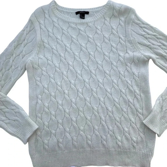 Women Pullover Sweater large L White Cream Rabbit Hair-Wool Cable Knit - Picture 4 of 7